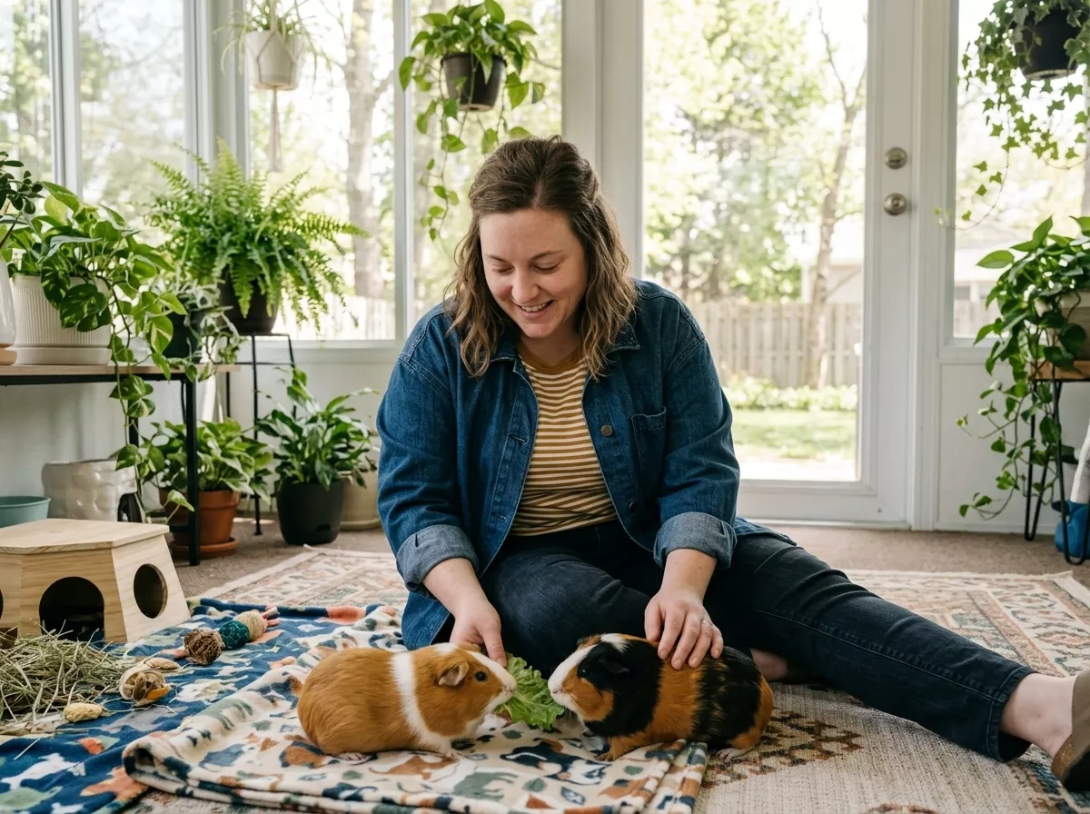 Amelia playing with her guinea pigs
